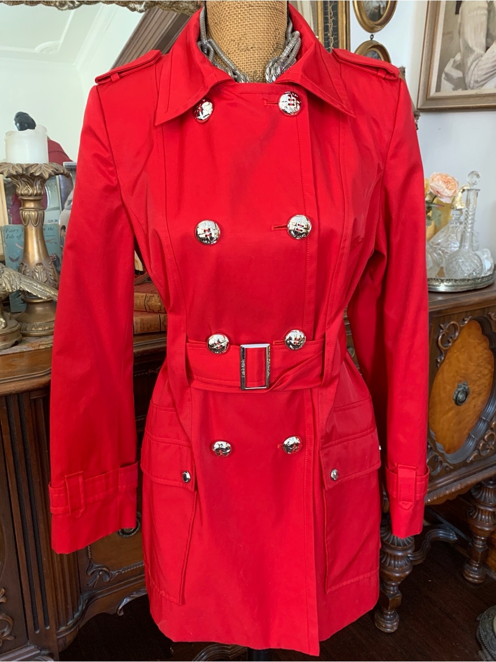 Like-New Classy Sexy Red Military-inspired Double-Breasted Pea Coat Trench Coat